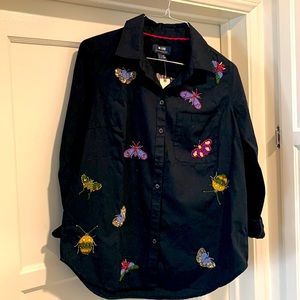 SOLD Maeve by Anthropologie Blk embellished button up shirt w beaded butterflies